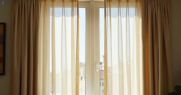 Dusty and dull curtains in pelican-waters before steam cleaning